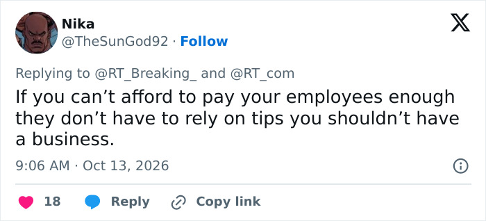 A social media comment on paying employees fair wages instead of relying on a tip after a bar shames customers.