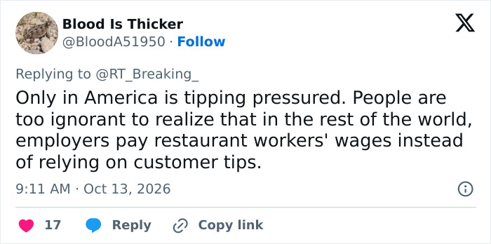 A social media post discussing customer tip expectations and restaurant wages.