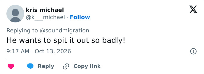 A tweet by kris michael reacting to Mark Zuckerberg's bizarre behavior, stating he wants to spit out his Guinness. A tweet by kris michael reacting to Mark Zuckerberg's bizarre behavior, stating he wants to spit out his Guinness.