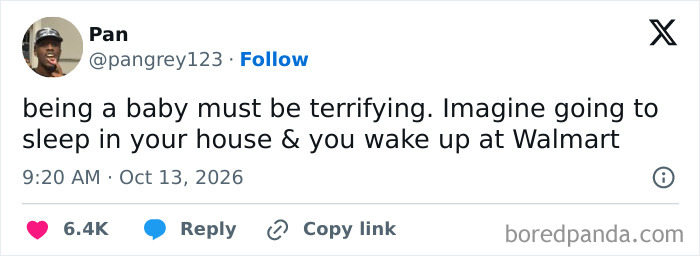 Hilarious tweets screenshot about a baby sleeping and waking up at Walmart