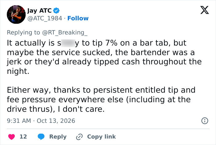 Tweet discussing bar tips and entitlement after a California bar publicly shames customers over a tip.