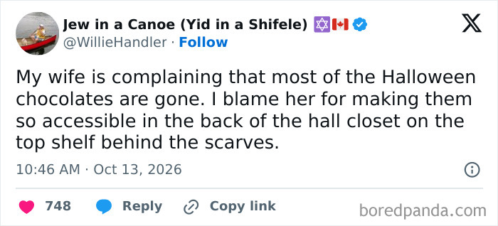 Spooky season post with a funny tweet about eating hidden Halloween chocolates.