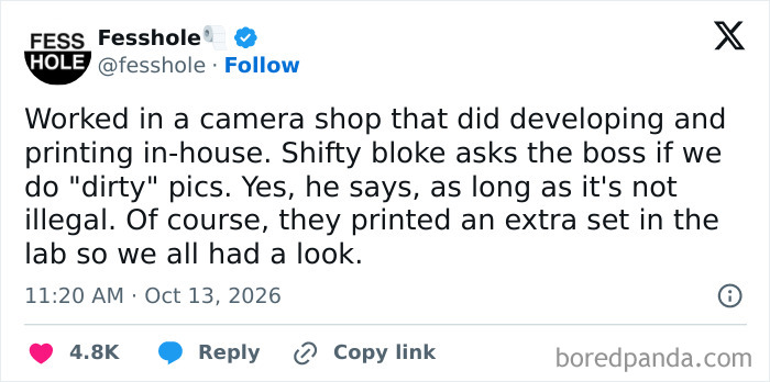 Social media text post sharing anonymous confessions about working at a photo printing store.