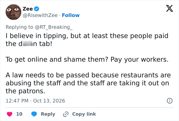Social media post criticizing a California bar for shaming customers over a low tip.