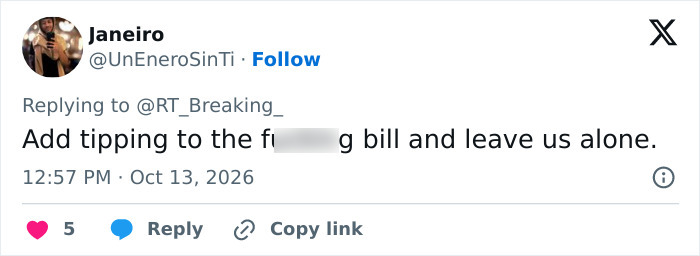Social media comment discussing tipping culture related to a California bar public shaming incident.