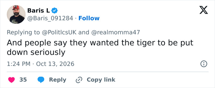 A social media post discussing the tiger incident following news of the man fatally mauled by tiger. A social media post discussing the tiger incident following news of the man fatally mauled by tiger.