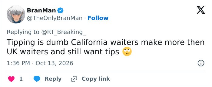 A user tweet comparing California waiters wanting tips to UK waiters in a discussion about a bar public shaming incident.
