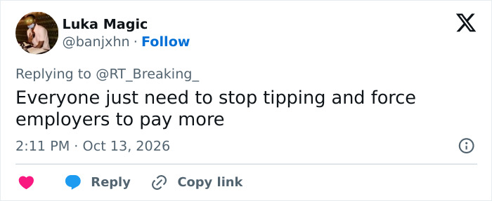 A social media post advocating to stop tipping to force employers to pay higher wages.