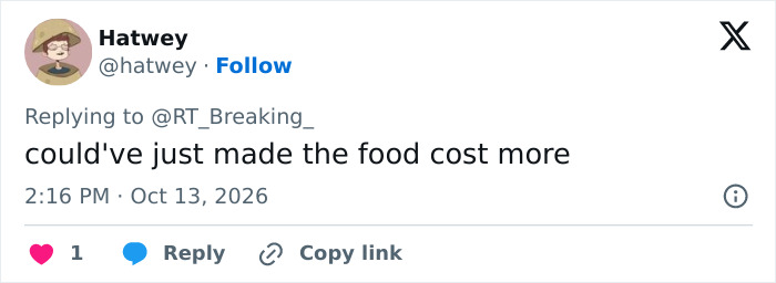 A social media post discussing food costs in response to a California bar shaming customers over tip.