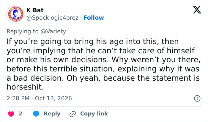Tweet defending 82YO action hero's decision-making abilities Tweet defending 82YO action hero's decision-making abilities