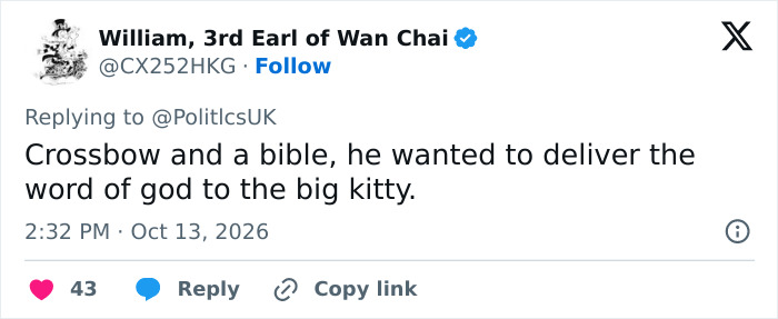 A post expressing skepticism about the intentions of the man mauled by tiger using a crossbow and bible A post expressing skepticism about the intentions of the man mauled by tiger using a crossbow and bible