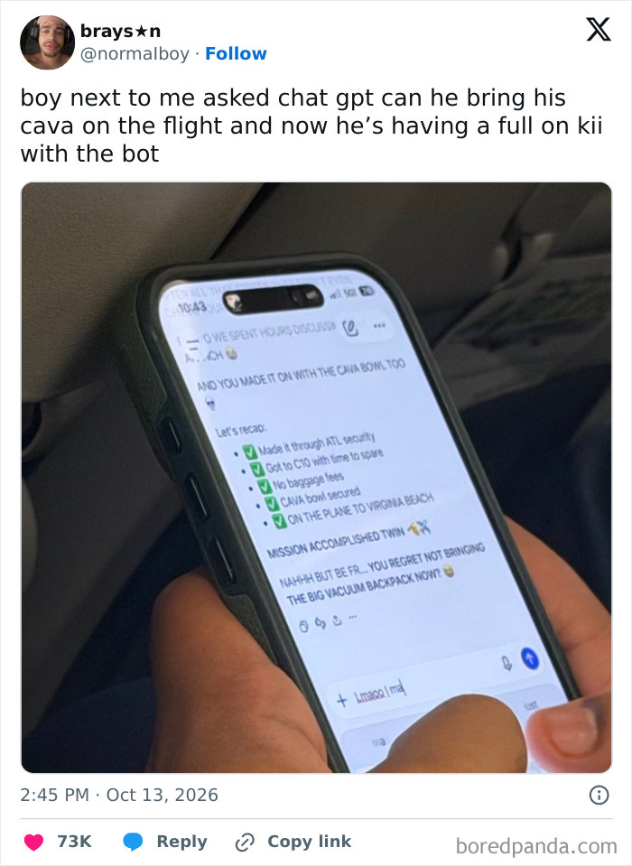 A photo of a phone screen with a chatbot conversation from hilarious tweets people shared about airplane travel.