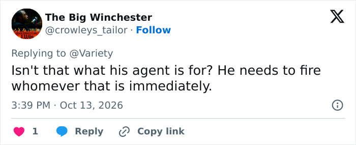 Tweet suggesting firing agent for 82YO action hero's role issues Tweet suggesting firing agent for 82YO action hero's role issues