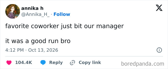 Hilarious tweet from October about a coworker biting a manager, showcasing funny work humor.
