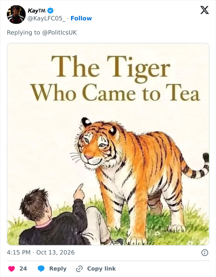 Social media post showing The Tiger Who Came to Tea cover referencing the man fatally mauled by tiger story. Social media post showing The Tiger Who Came to Tea cover referencing the man fatally mauled by tiger story.