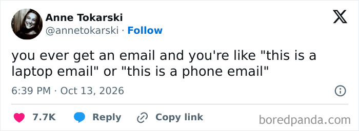 One of the hilarious tweets shared this October about categorizing emails as laptop or phone emails.