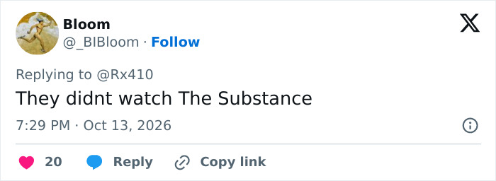 Tweet mentioning they didn't watch The Substance Tweet mentioning they didn't watch The Substance