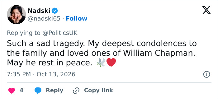 Tweet offering condolences to family of William Chapman Tweet offering condolences to family of William Chapman
