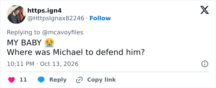 Tweet questioning where Michael was to defend James McAvoy from bullying Tweet questioning where Michael was to defend James McAvoy from bullying
