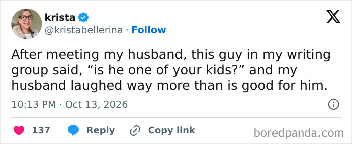A lighthearted tweet about a husband being mistaken for one of his wife's kids, featured in hilarious tweets.