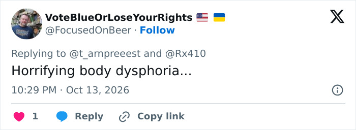 Tweet about horrifying body dysphoria related to MAGA face comparison Tweet about horrifying body dysphoria related to MAGA face comparison