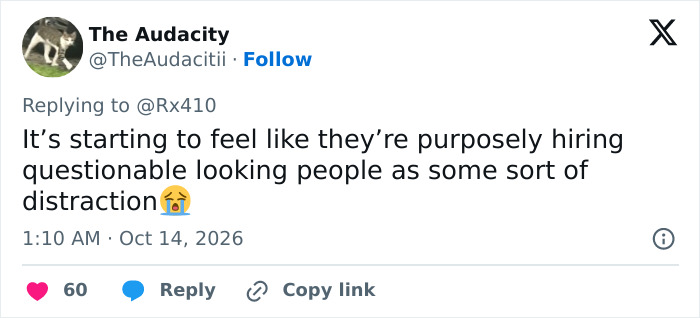 Tweet about hiring questionable looking people as distraction Tweet about hiring questionable looking people as distraction