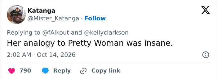 Tweet calling Kelly Clarkson's Pretty Woman analogy insane in Brooklyn feud