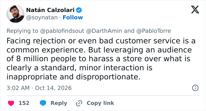 Tweet discussing customer service and audience reaction in store dispute