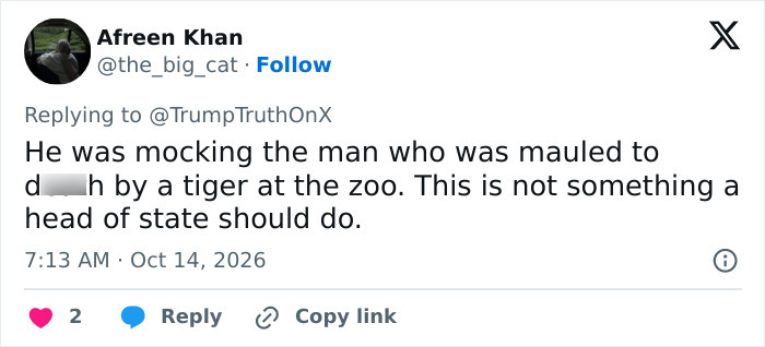 Tweet criticizing Trump over tiger video and Yorkshire tragedy Tweet criticizing Trump over tiger video and Yorkshire tragedy