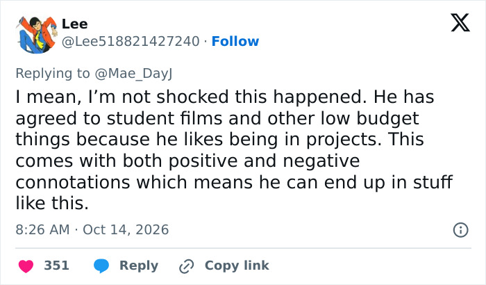 Tweet discussing 82YO action hero's participation in low budget projects Tweet discussing 82YO action hero's participation in low budget projects