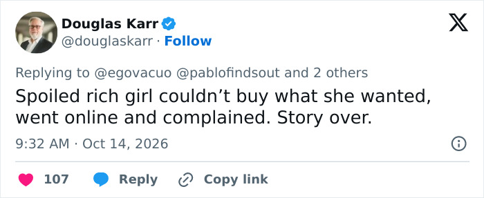 Tweet about a spoiled girl complaining online after a shopping incident