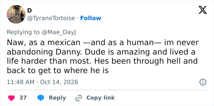 Tweet showing Mexican fan defending 82YO action hero Danny Tweet showing Mexican fan defending 82YO action hero Danny