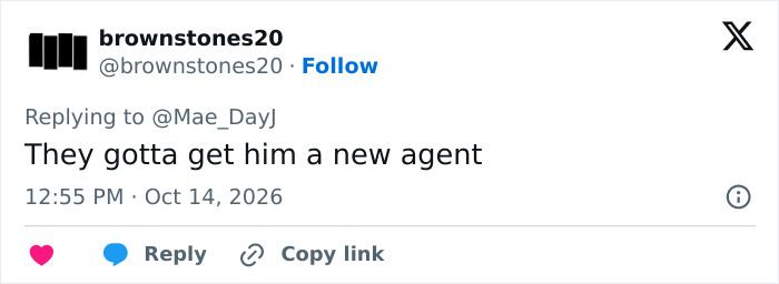 Twitter reply suggesting action hero needs a new agent Twitter reply suggesting action hero needs a new agent