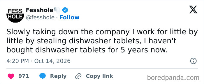 Anonymous confessions social media screenshot about taking dishwasher tablets from work for five years.