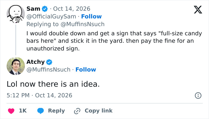 Social media conversation discussing funny ways to rebel against HOA rules about Halloween candy. Social media conversation discussing funny ways to rebel against HOA rules about Halloween candy.
