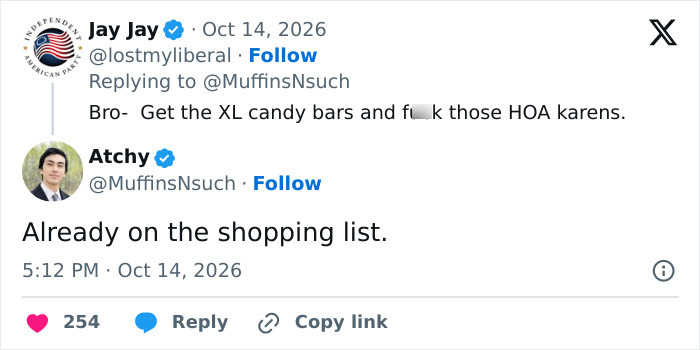 Social media post about defying strict HOA Halloween candy regulations by buying extra-large candy bars. Social media post about defying strict HOA Halloween candy regulations by buying extra-large candy bars.