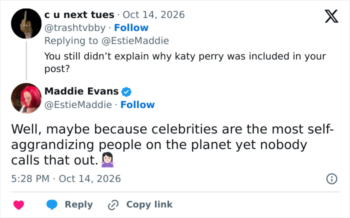 Twitter reply and response discussing Katy Perry and celebrity self-aggrandizement