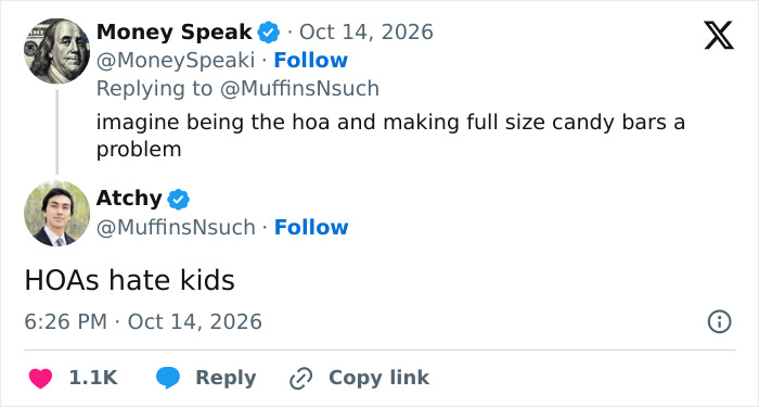 A social media exchange criticizing HOA Halloween candy regulations and how HOAs treat children. A social media exchange criticizing HOA Halloween candy regulations and how HOAs treat children.
