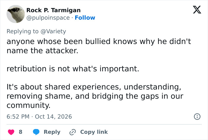 Tweet discussing reason for not naming attacker in James McAvoy bullying story Tweet discussing reason for not naming attacker in James McAvoy bullying story