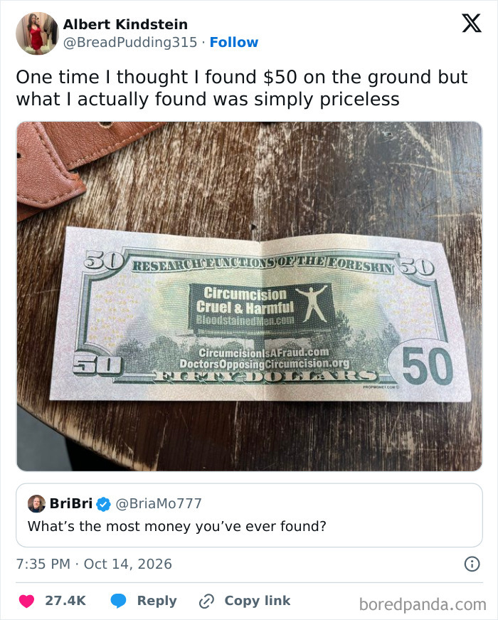 Hilarious tweets screenshot showing a fake 50 dollar bill printed with political messaging