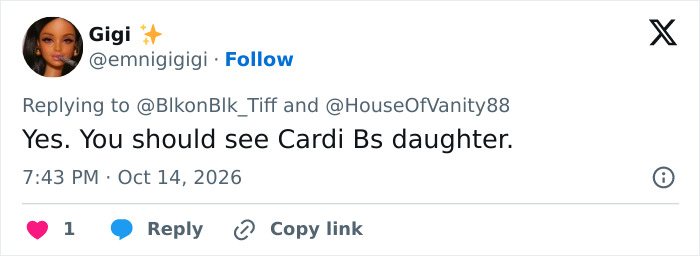 Social media comment discussing Cardi B's daughter in context of Kim Kardashian photos Social media comment discussing Cardi B's daughter in context of Kim Kardashian photos