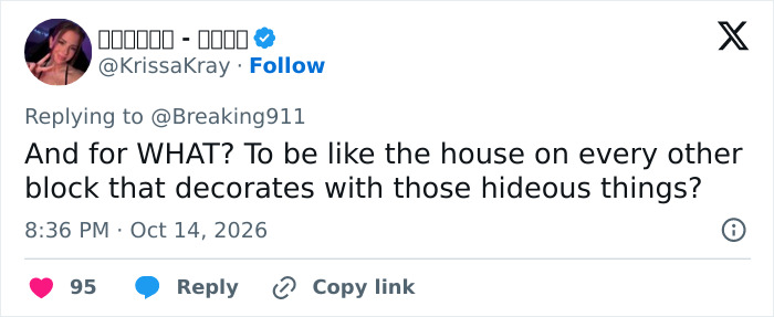 Tweet questioning the value of decorating like other houses for Halloween Tweet questioning the value of decorating like other houses for Halloween