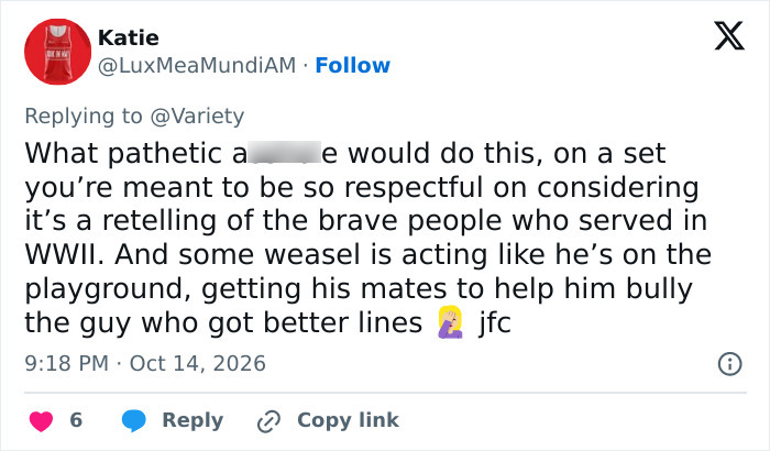 Tweet criticizing bullying behavior on film set involving James McAvoy Tweet criticizing bullying behavior on film set involving James McAvoy