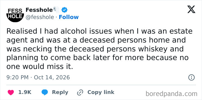 Text post with anonymous confessions regarding personal realization of drinking problems while at work.