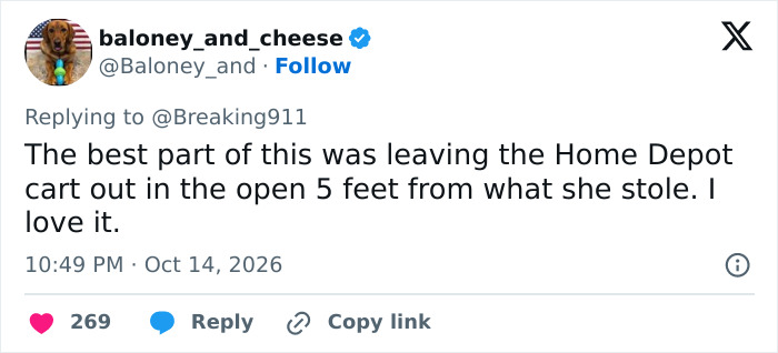 Tweet about Home Depot cart left near stolen items Tweet about Home Depot cart left near stolen items
