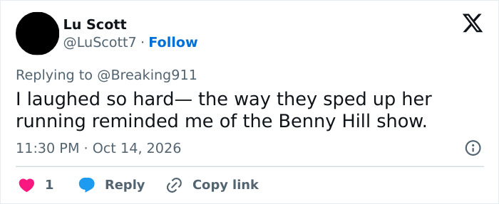Twitter reply about woman's hardcore Halloween game and running resembling Benny Hill show Twitter reply about woman's hardcore Halloween game and running resembling Benny Hill show