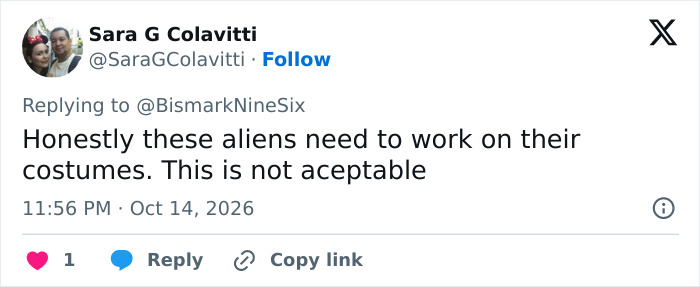 Social media post criticizing alien costumes with text from user Sara G Colavitti Social media post criticizing alien costumes with text from user Sara G Colavitti