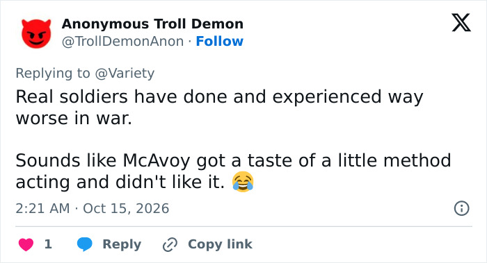 Comment on soldiers' real war experience related to James McAvoy bullying Comment on soldiers' real war experience related to James McAvoy bullying