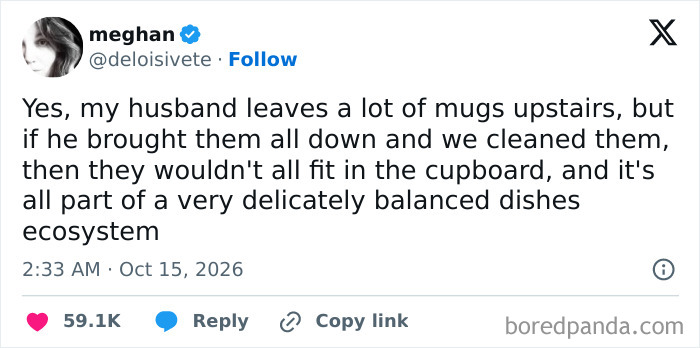 A hilarious tweet about a delicate dishes ecosystem involving leftover coffee mugs.