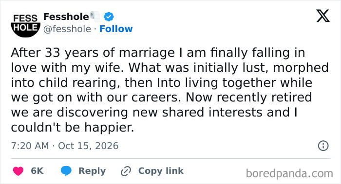 Anonymous confessions post about a man falling in love with his wife after 33 years of marriage.